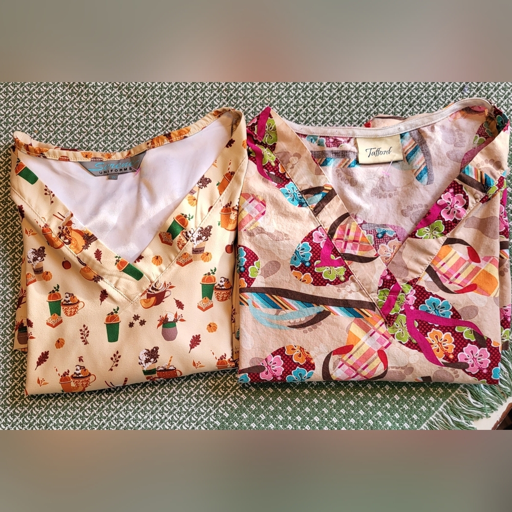 Lot of 2 Scrub Tops Mixed Brands 2XL Colorful Autumn/ Flip Flop Patterns Uniform